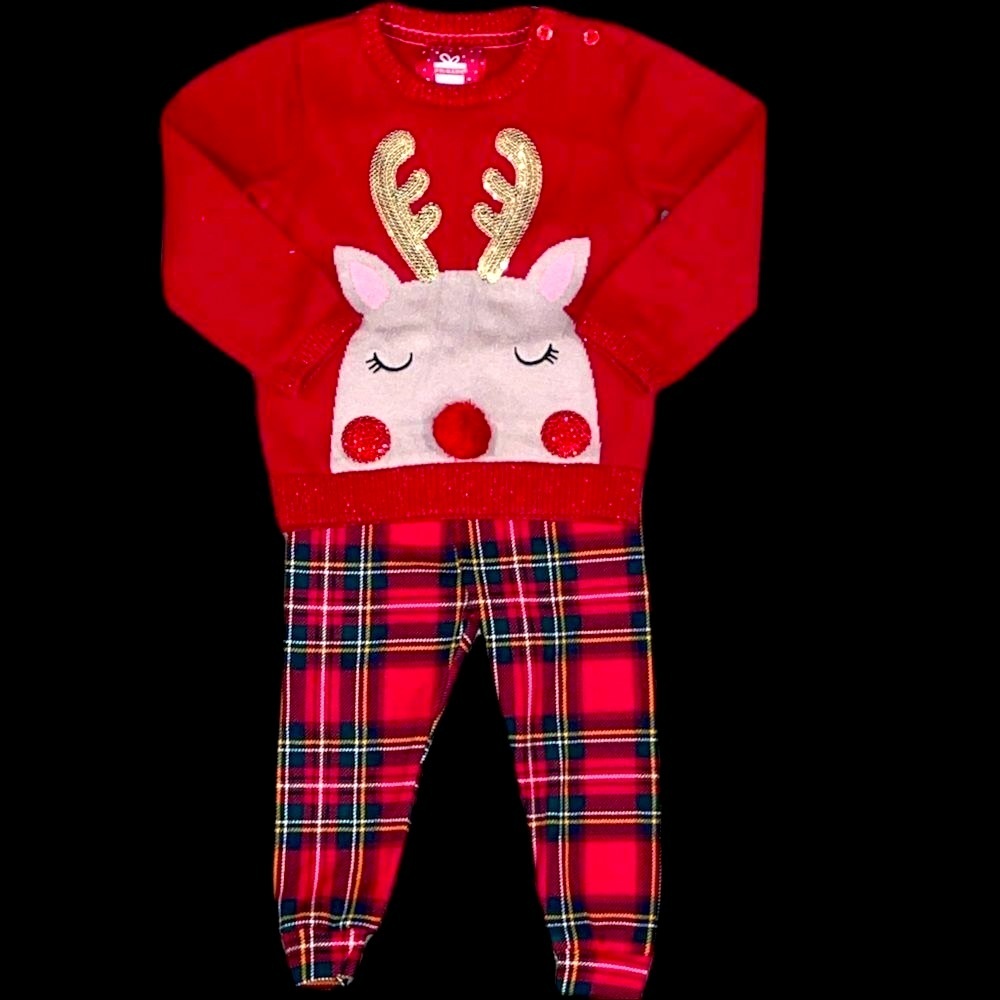2 Piece Set Size 18-24M Red Reindeer Sweater and Plaid Leggings